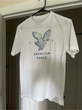 American Eagle Outfitters White Tee with Blue Eagle Graphic